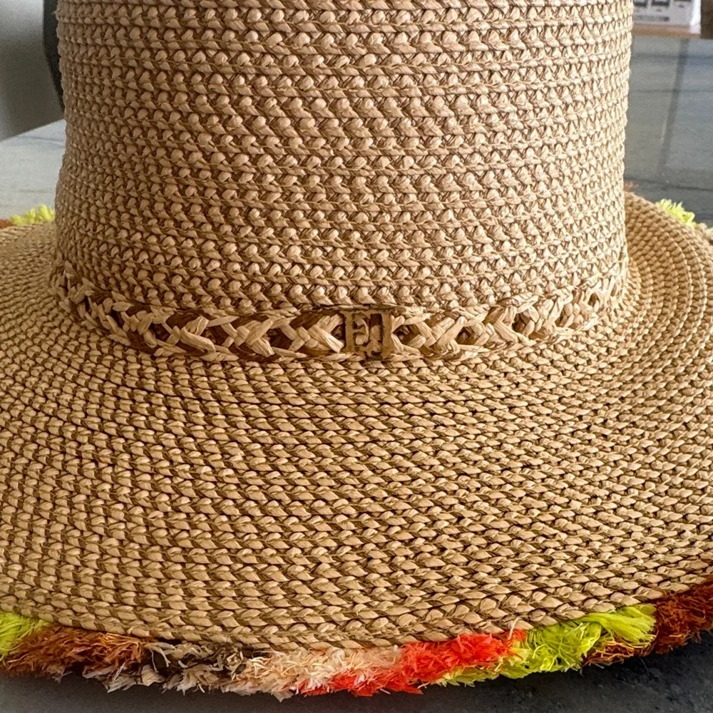 Eric Javits Tan Straw Sun Hat with Multicolor Fringe - Picture 4 of 4